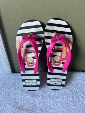 NWOT Kate Spade Striped Monkey Flip Flops with Pink Bow